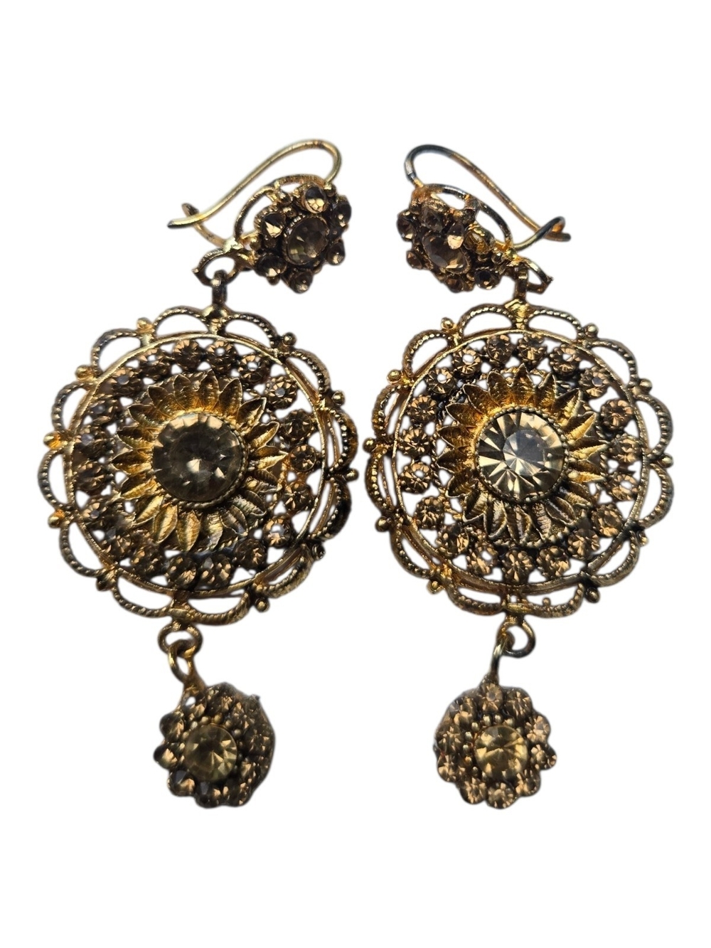 Indian Filigree Smoky Rhinestone Dangle Earrings Gold Tone